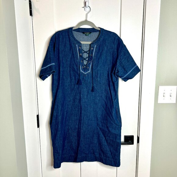 Lauren Ralph Lauren Denim Embroidered Tasseled Shift Knee Length Chore Dress 10 - Picture 1 of 6